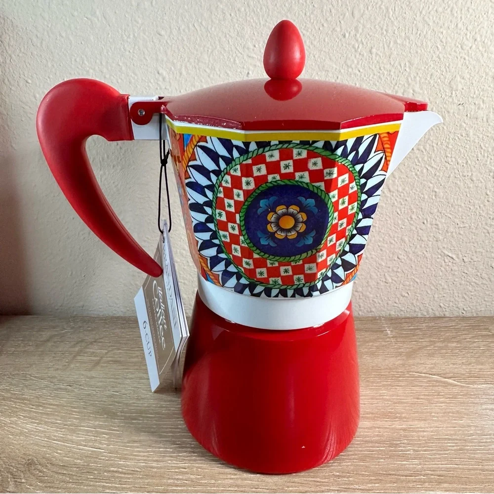 Brandani 6 CUP Italian Coffee Maker MOKA POT Aluminum SICILIAN PATTERN NWT